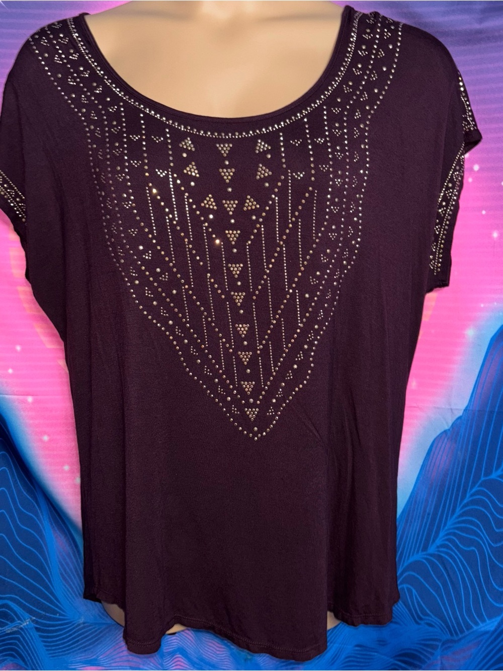 Tempted Hearts Plum Short-Sleeve Top with Stud Accents